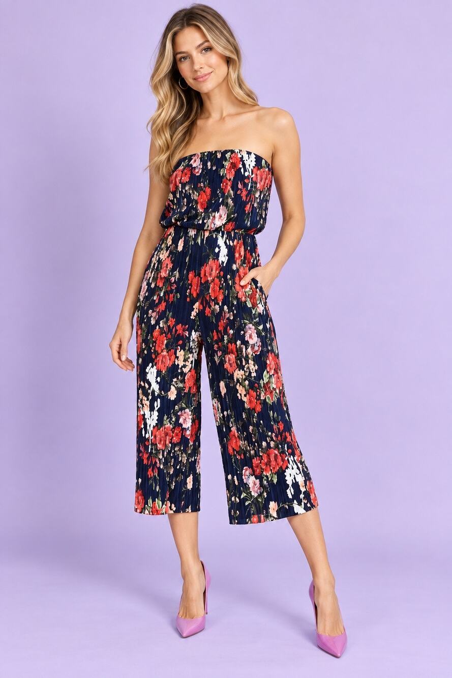 NWT 19 COOPER Women's Denim Blue Floral Strapless Pleated Cropped Jumpsuit Sz S